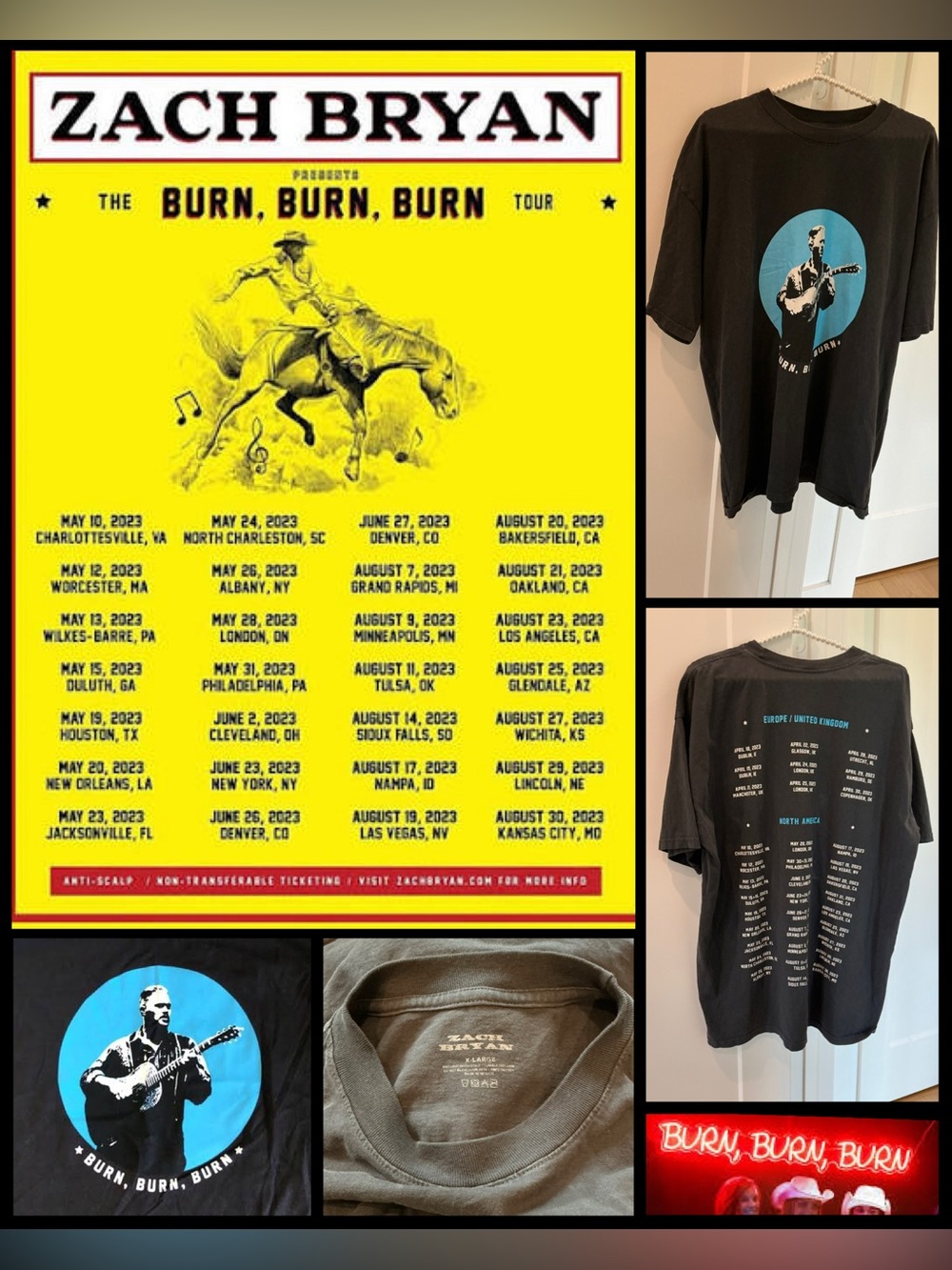 🎸 ZACH BRYAN Burn Burn Burn Tour T-Shirt Size XL Official Merchandise 🎸